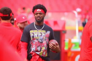 Tyguan Thornton sported a warmup t-shirt with photos of Rice and the phrase "Free 4."(Marleah Campbell)